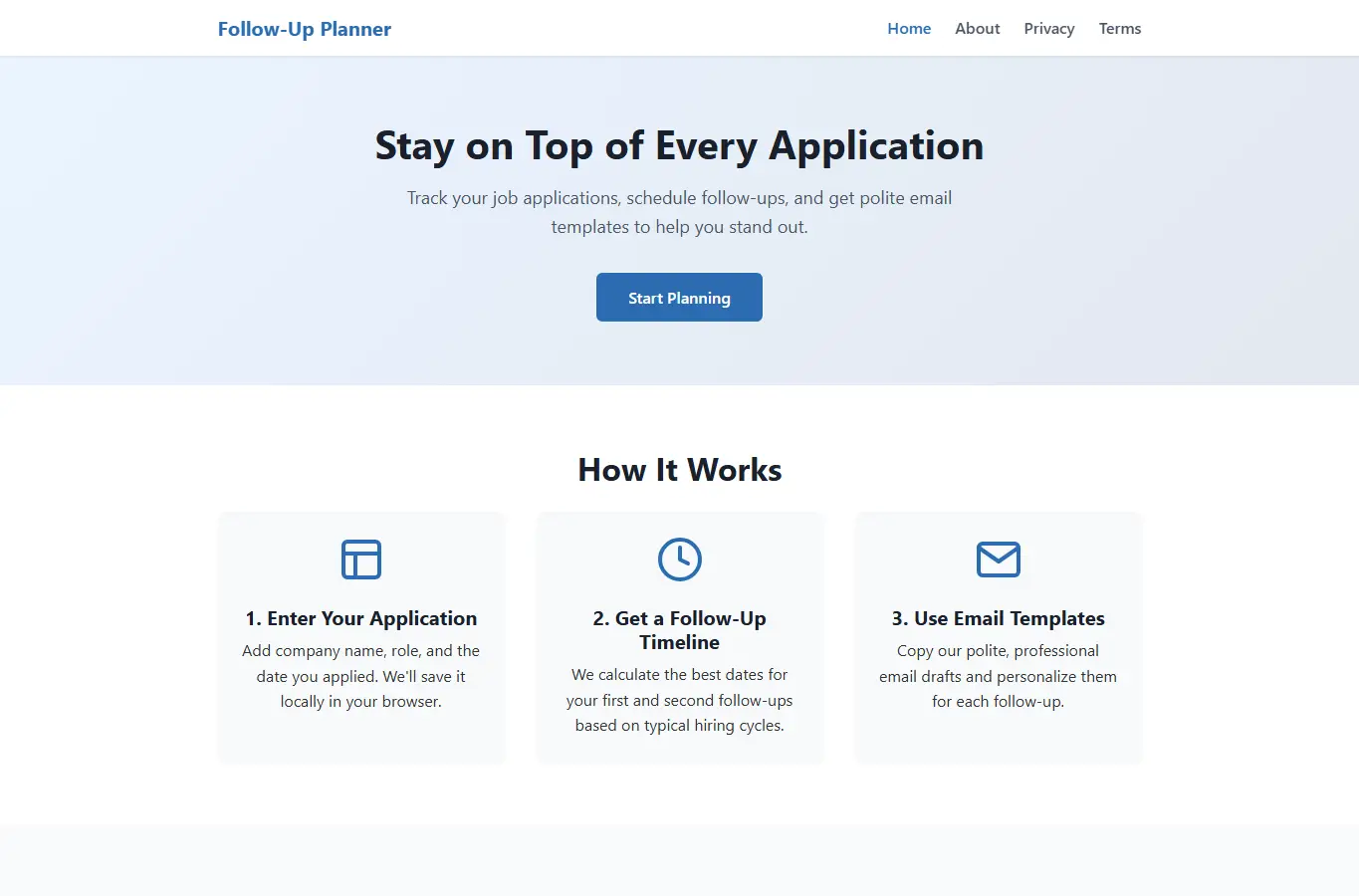 Screenshot of Job Application Follow-Up Planner interface showing the project page in use